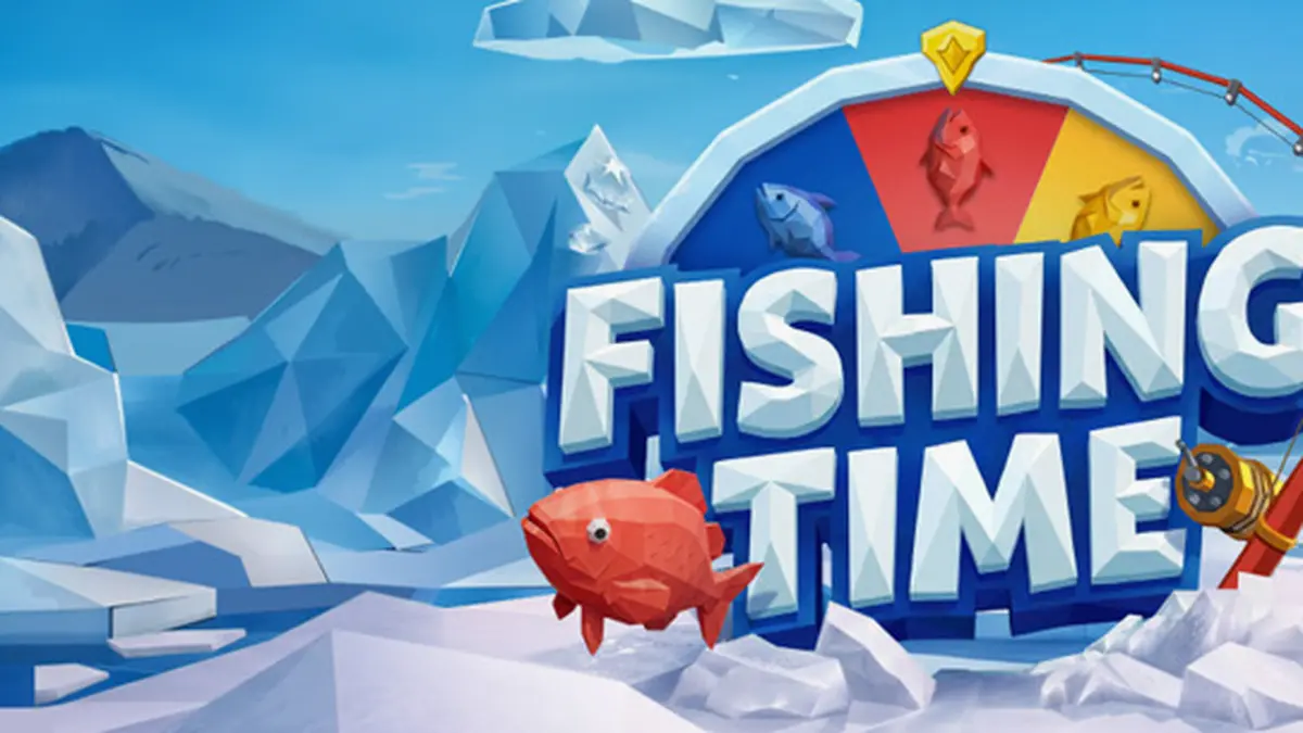 Interface do jogo Fishing Time com tema de pesca no gelo